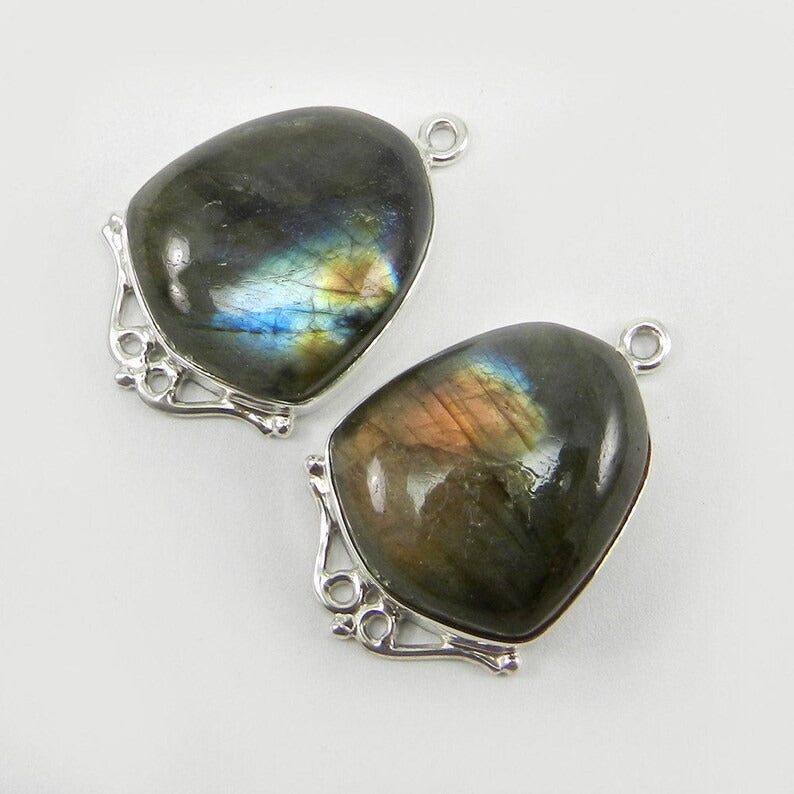 1 pair Labradorite with fire - 28x18mm shield cabochon - 11.16 gms gemstone Single loop - 925 Sterling Silver Designer Connector - SHST1334