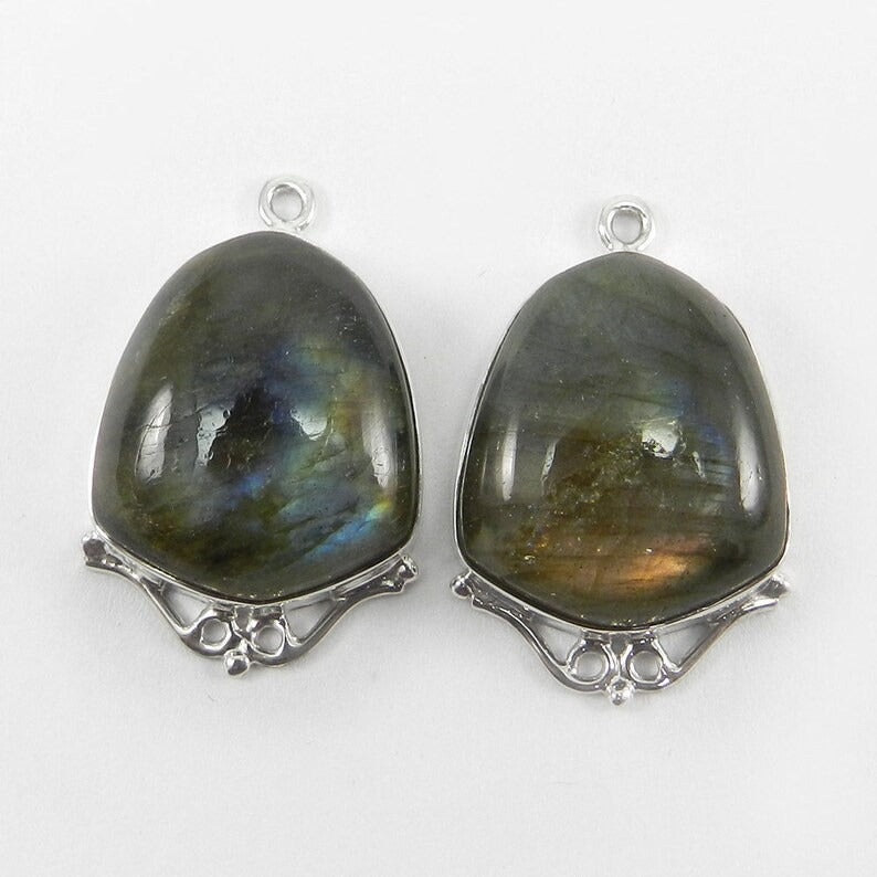 1 pair Labradorite with fire - 28x18mm shield cabochon - 11.16 gms gemstone Single loop - 925 Sterling Silver Designer Connector - SHST1334