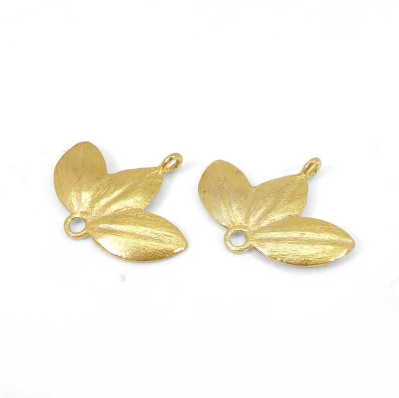 Three leaf shaped raw brass gold plated handcrafted laser cut 24 x 20 mm charms connector handmade findings accessories for making jewelry