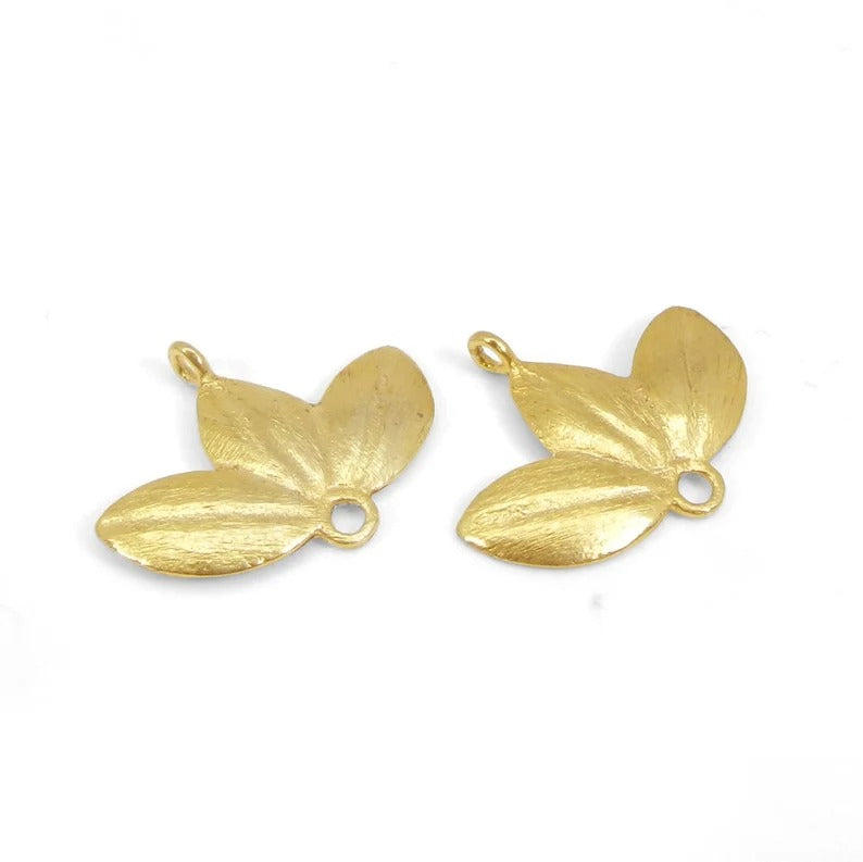 Three leaf shaped raw brass gold plated handcrafted laser cut 24 x 20 mm charms connector handmade findings accessories for making jewelry