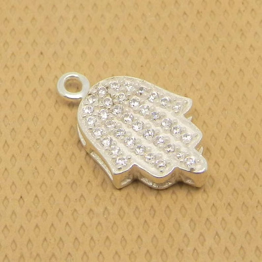 Cubic zircon micro pave 925 sterling silver hamsa hand spacer 15 x 10 mm handmade single loop connector for making jewelry