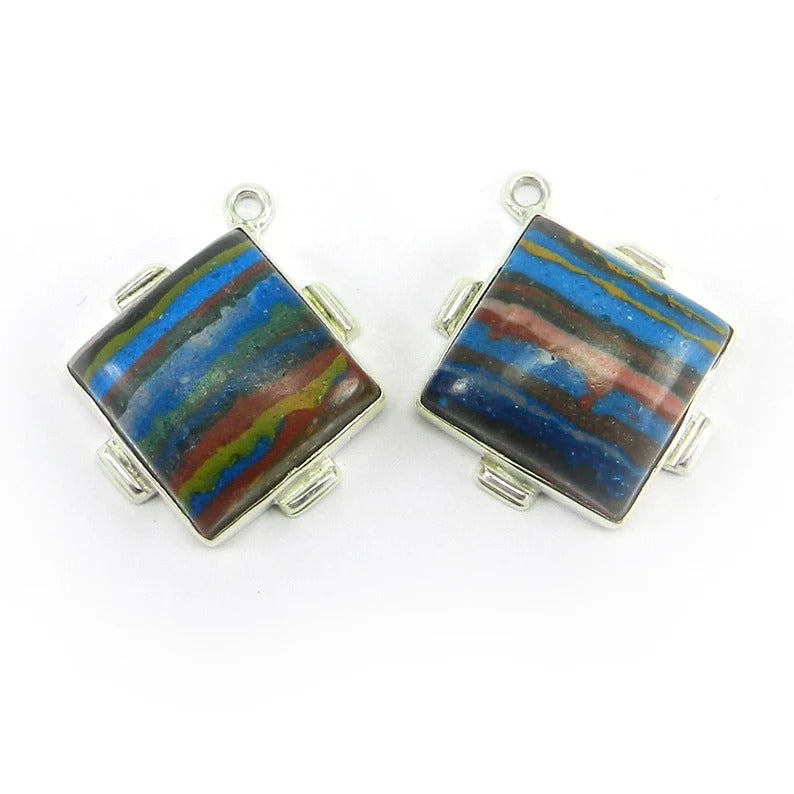 Natural rainbow calsilica square cabochon 20 x 20 mm 925 sterling silver single loop connector matching pair for jewelry earring