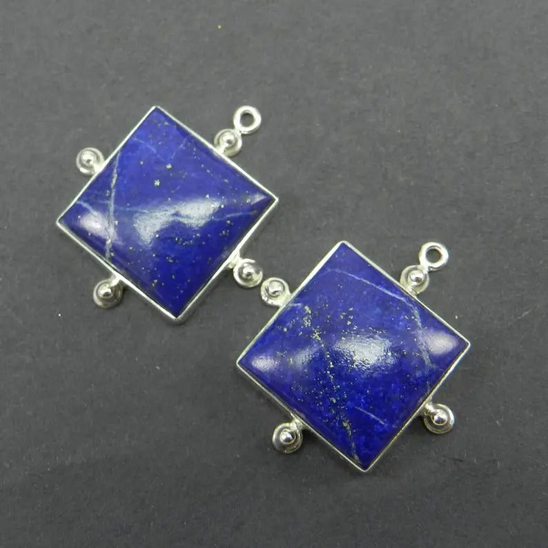 1 pair - Natural Lapis - 30x26mm square cabochon - 13.13 gms - gemstone Single loop - 925 Sterling Silver - Designer Connector - SHST1379