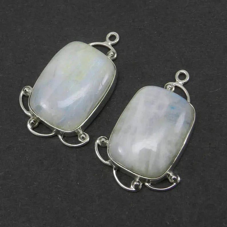 1 pair - Rainbow moonstone - 31x21mm Rectangle cabochon - 11.32 gms gemstone Single loop - 925 Sterling Silver Designer Connector - SHST1401