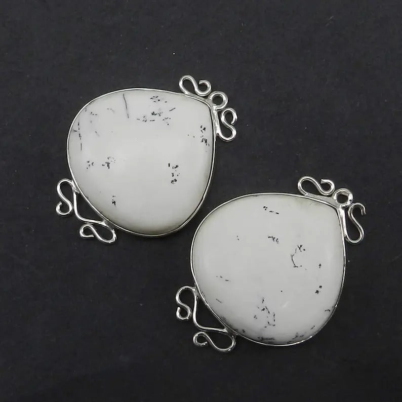 October birthstone dendritic opal 35 x 25 mm heart cabochon 925 sterling silver single loop designer connector for making pair earring