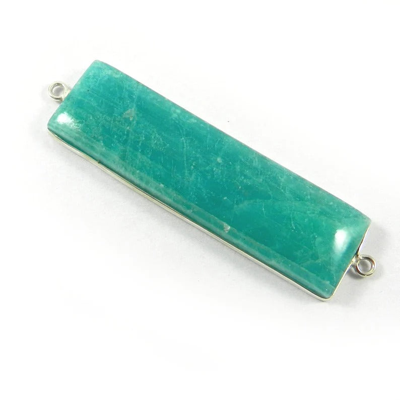 Natural Amazonite bezel connector - 925 solid silver - 66x17mm Rectangle cabochon gemstone - double loop charm - Necklace making - SHST0811