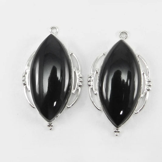 Black onyx marquise cabochon 925 sterling silver 37 x 22 mm designer single loop station connector for making jewelry