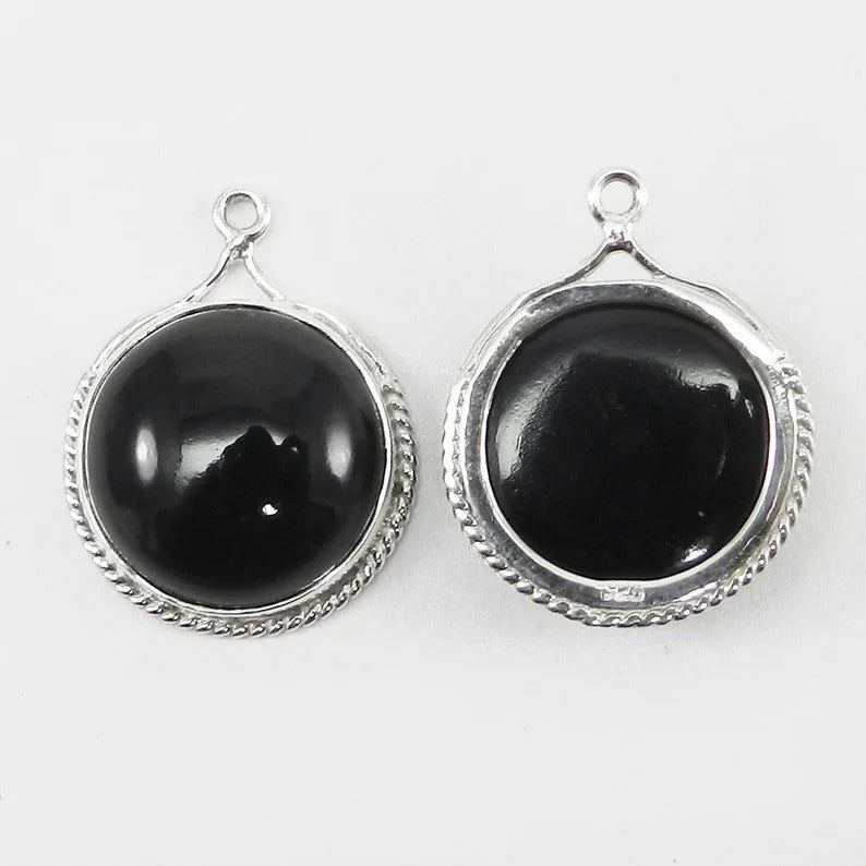 Black onyx round cabochon 925 sterling silver 25 x 20 mm designer bezel set single loop station connector for making jewelry