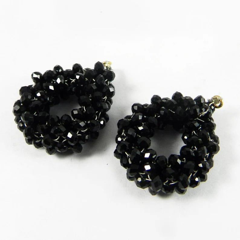 Black onyx rondelle faceted 40 mm semi precious stone crochet designer single loop connector matching pair for earrings making