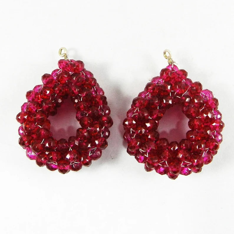 Fuchsia glass rondelle faceted 40 mm semi precious stone crochet designer single loop connector matching pair for earrings making