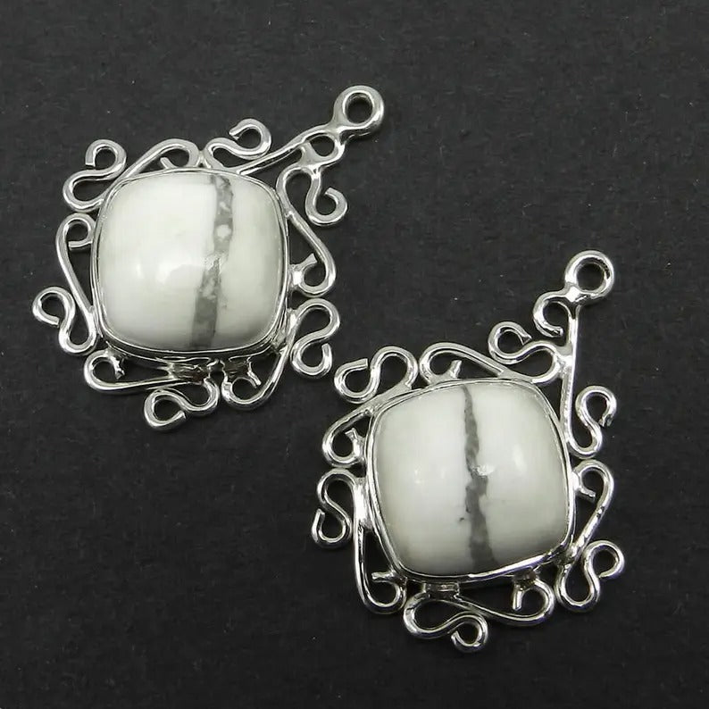 1 pair - Natural Howlite - Cushion cabochon - gemstone Single loop - 925 Sterling Silver - 27x22mm Designer Connector - 6.63 gms - SHST1270