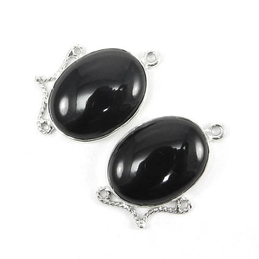 Natural black onyx oval cabochon 925 sterling silver 27 x 18 mm single loop station connector for making earring jewelry