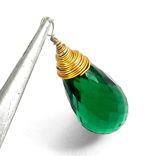 Green tourmaline hydro quartz 31 x 11 mm tear drop faceted gold plated 925 sterling silver wire wrapped connector for jewelry