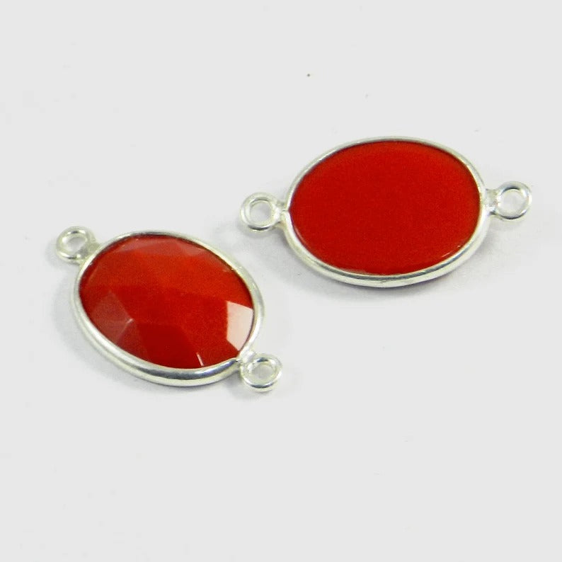 Synthetic red coral oval rose cut 925 sterling silver 24 x 11 mm double loop bezel set station connector for making jewelry