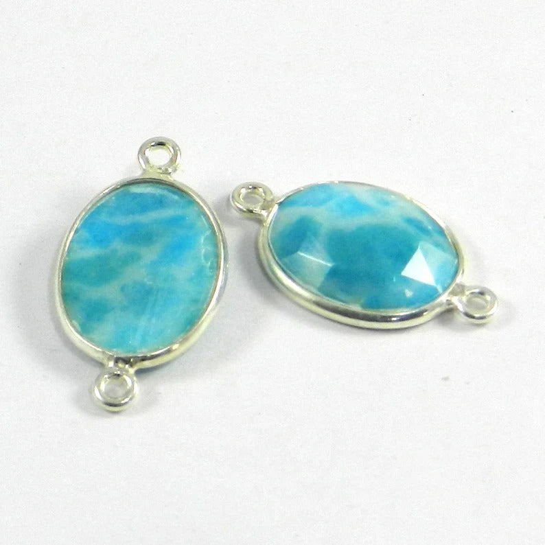 925 solid silver charm Synthetic Larimar gemstone bezel 25 x 15 mm oval rose cut double loop connector