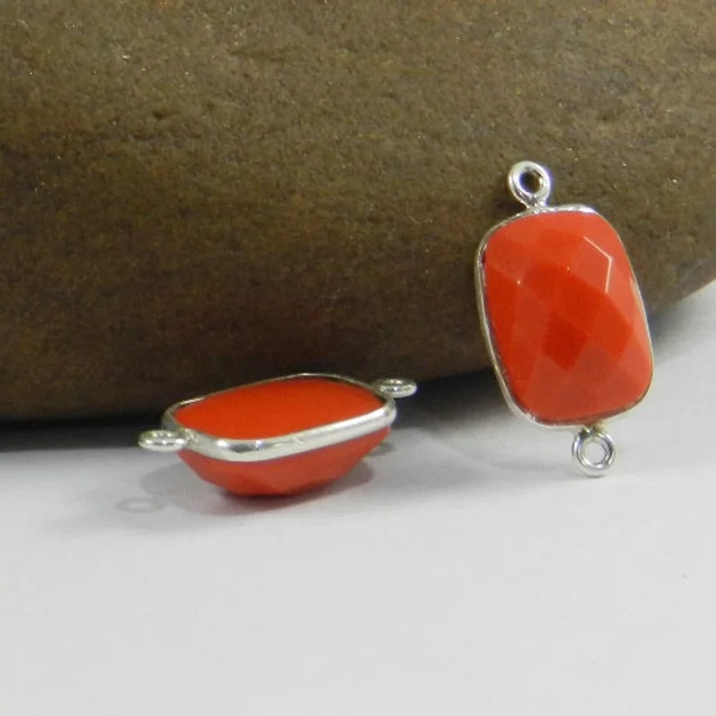 Synthetic Red coral rectangle rose-cut 22 x 11 mm 925 sterling silver station gemstone bezel double loop connector