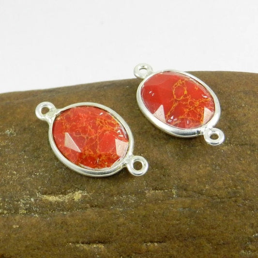 1 Pair 925 solid silver charm Synthetic Red mohave turquoise bezel 24 x 11 mm oval rose-cut double loop connector