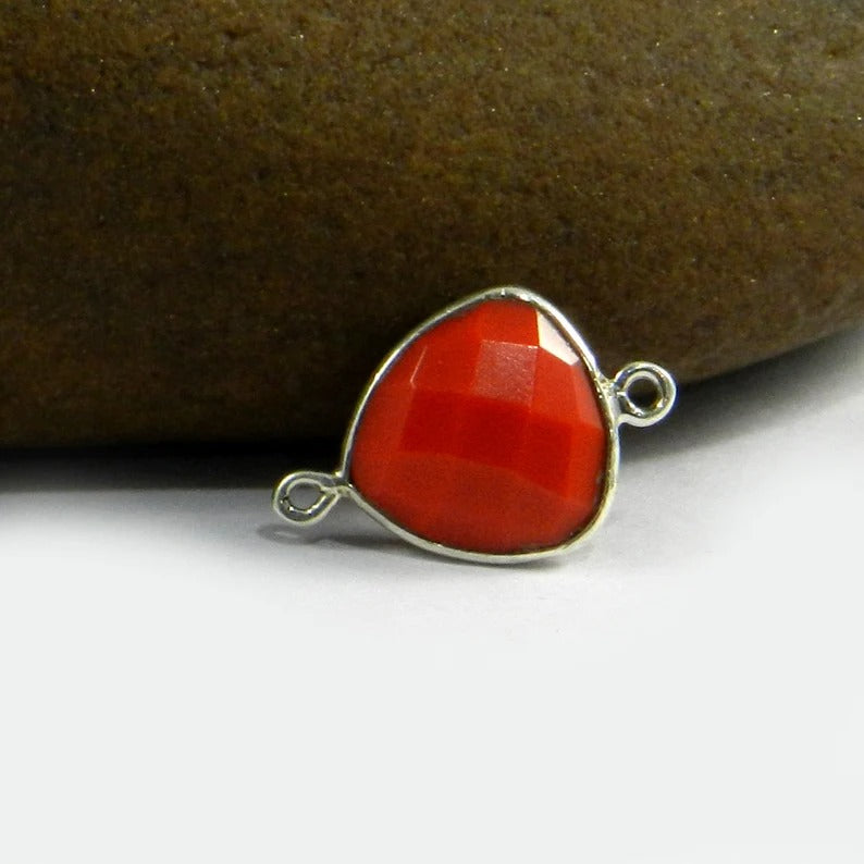 925 sterling silver Synthetic Red coral gemstone bezel 20 x 14 mm trillion briolette Two loop bezel connector