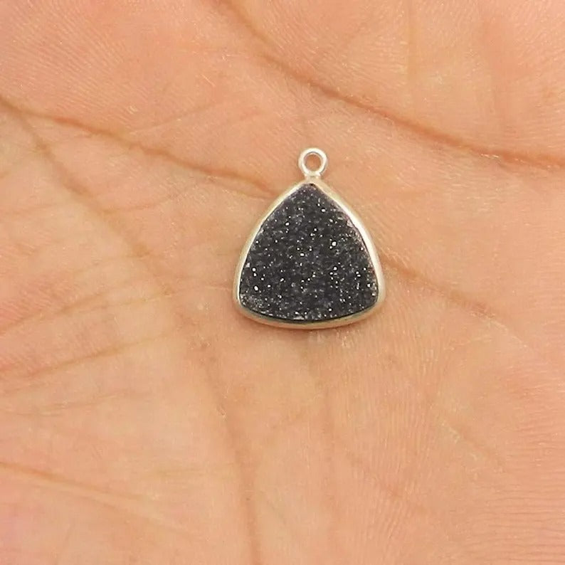 1 pc-Black Druzy - 1.5X1.5 cm trillion cabochon - 1.56 gms - gemstone Single loop - 925 Sterling Silver - Silver plated connector - SHST6048