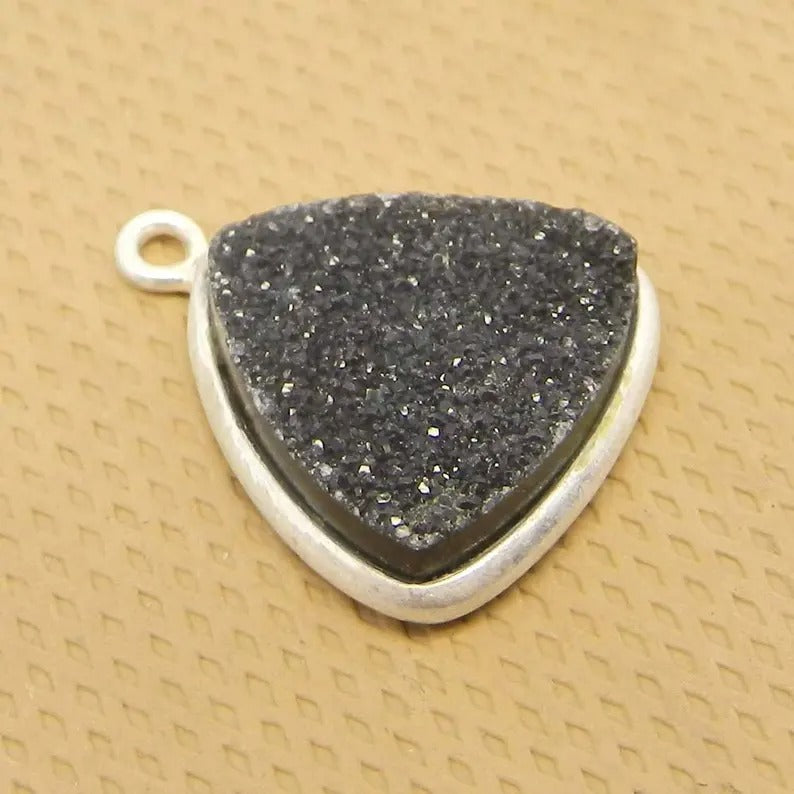 1 pc-Black Druzy - 1.5X1.5 cm trillion cabochon - 1.56 gms - gemstone Single loop - 925 Sterling Silver - Silver plated connector - SHST6048