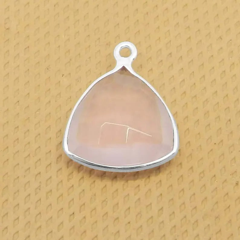 Natural rose quartz 16 x 12 mm trillion briolette cut single loop 925 sterling silver station connector for making jewelry