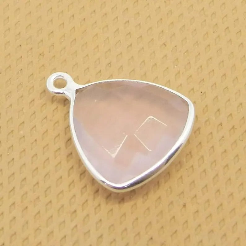 Natural rose quartz 16 x 12 mm trillion briolette cut single loop 925 sterling silver station connector for making jewelry