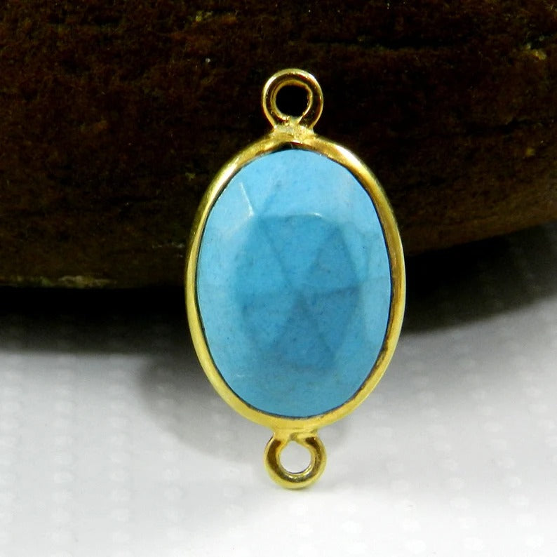 Synthetic blue turquoise 22 x 11 mm oval rose cut 925 sterling silver double loop gold plated bezel set connector for making jewelry