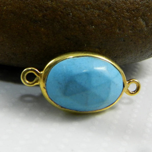 Synthetic blue turquoise 22 x 11 mm oval rose cut 925 sterling silver double loop gold plated bezel set connector for making jewelry