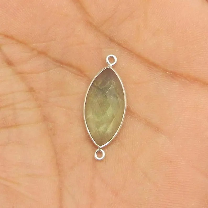 Natural green amethyst champagne quartz 27 x 11 mm marquise checkerboard cut 925 sterling silver double loop bezel set connector for jewelry