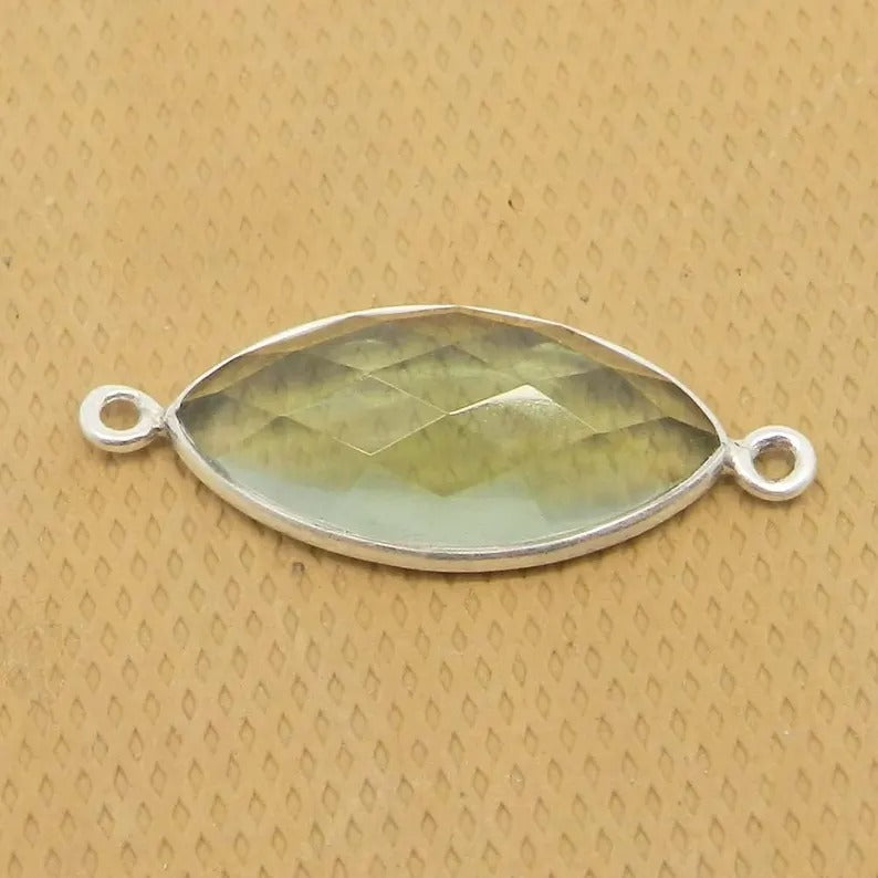 Natural green amethyst champagne quartz 27 x 11 mm marquise checkerboard cut 925 sterling silver double loop bezel set connector for jewelry