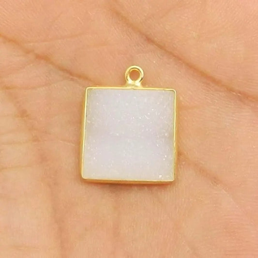 Natural white druzy square flat cabochon 925 sterling silver gold plated 20 x 15 mm single loop bezel set station connector for jewelry