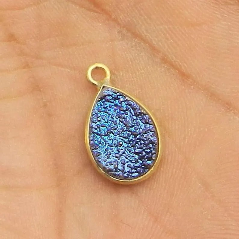 Natural purple coated druzy pear cabochon 25 x 15 mm 925 sterling silver gold plated single loop bezel set connector for making jewelry