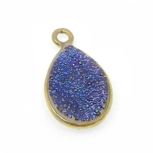 Natural purple coated druzy pear cabochon 25 x 15 mm 925 sterling silver gold plated single loop bezel set connector for making jewelry