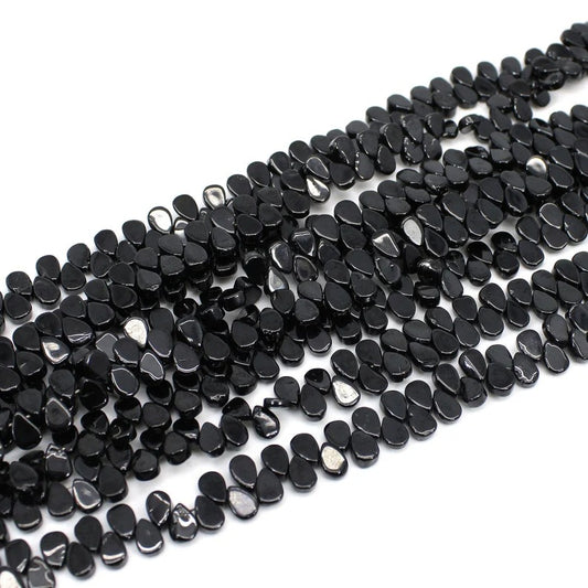 7 INCH Natural Black Onyx Smooth Flat Pear Drop Beads Strand For Jewelry Making