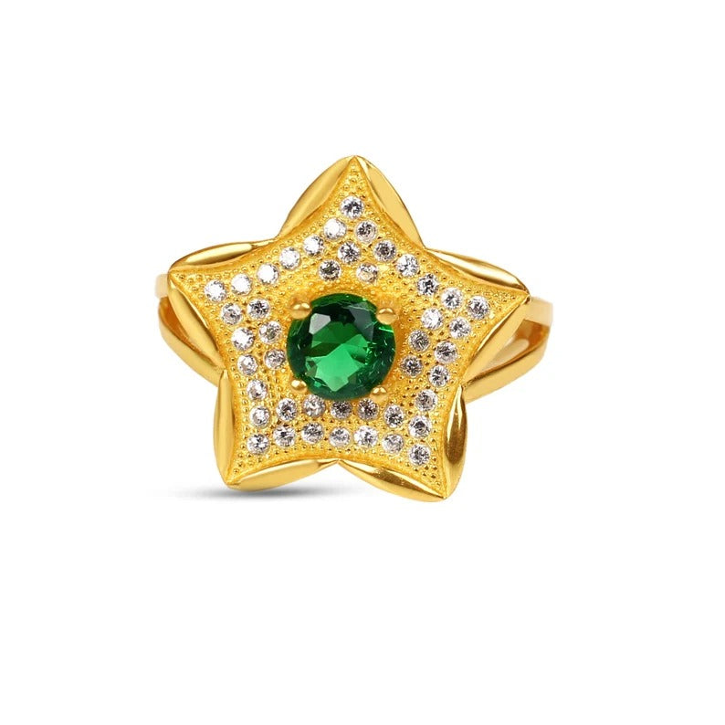 18K Solid Gold Emerald Quartz Gold Ring