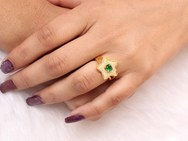 18K Solid Gold Emerald Quartz Gold Ring