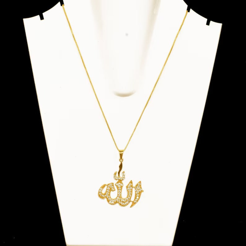 14k Gold Cubic Zirconia Allah Necklace