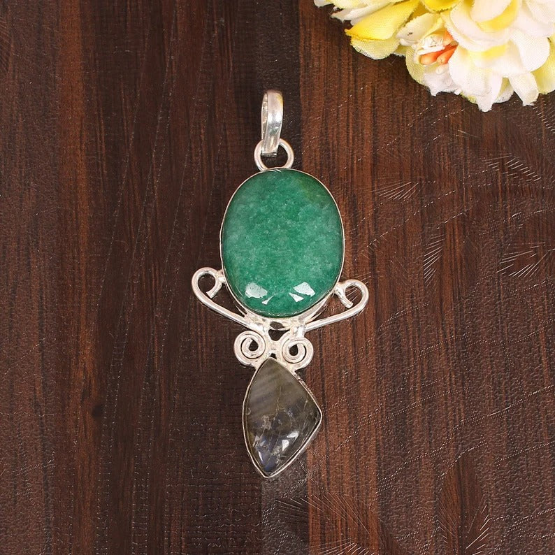 Natural Mica Aventurine & Montana Agate Gemstone Brass Pendant