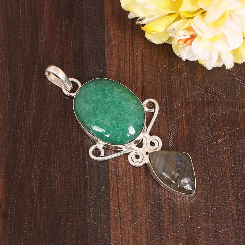 Natural Mica Aventurine & Montana Agate Gemstone Brass Pendant