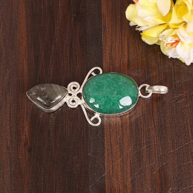 Natural Mica Aventurine & Montana Agate Gemstone Brass Pendant