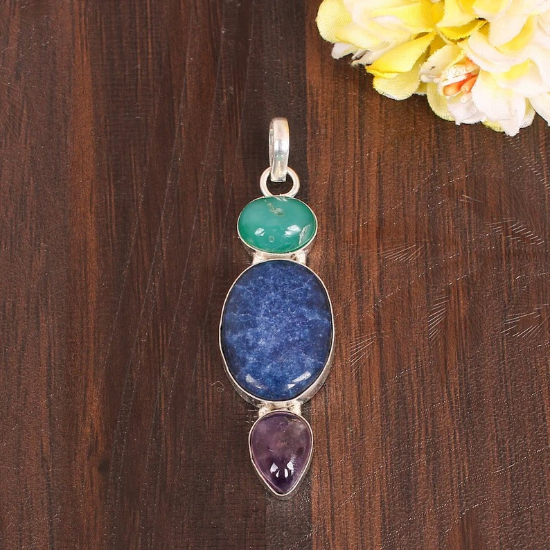 Natural Lapis Lazuli Green Onyx & Purple Amethyst Gemstone Brass Pendant