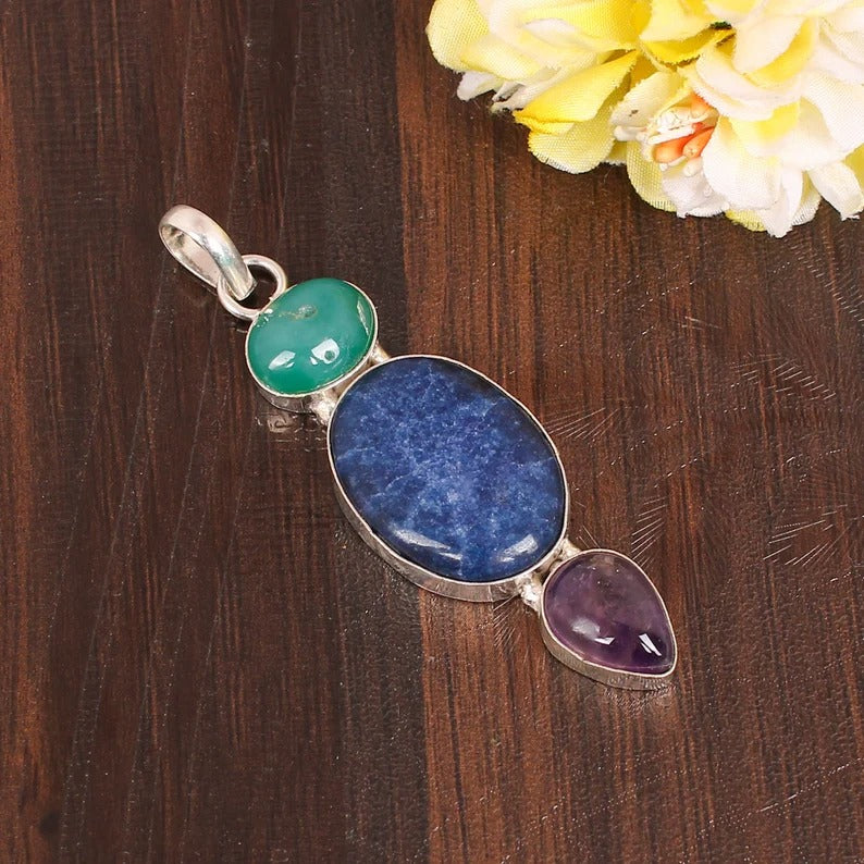 Natural Lapis Lazuli Green Onyx & Purple Amethyst Gemstone Brass Pendant