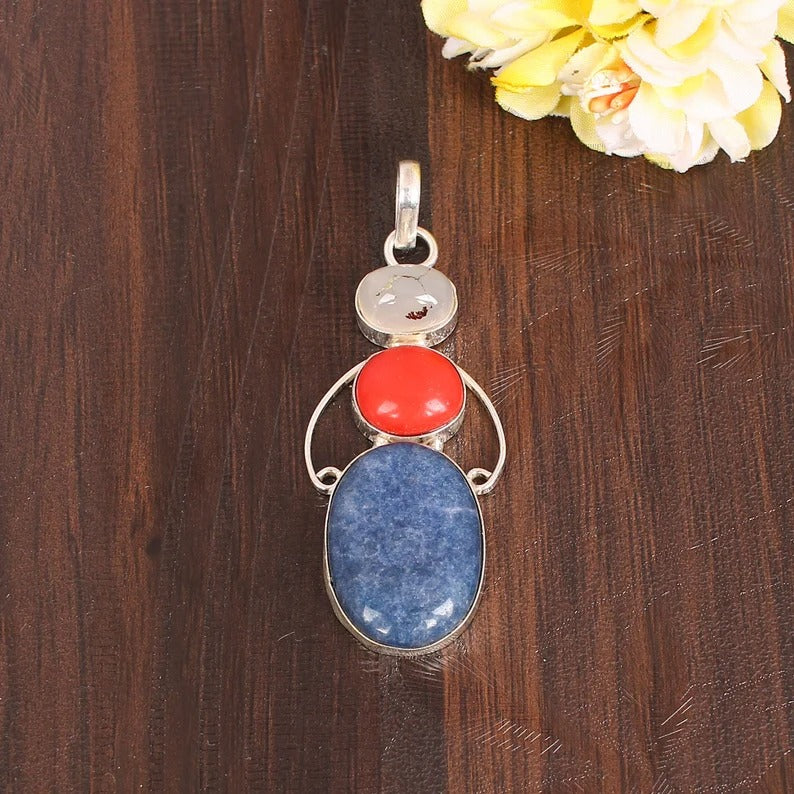 Montana Agate, Red Coral & Lapis Lazuli Gemstone Brass Pendant