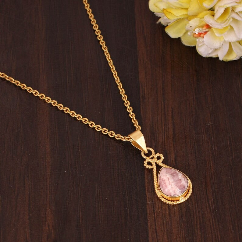 Natural Rhodochrosite Gemstone Brass Necklace