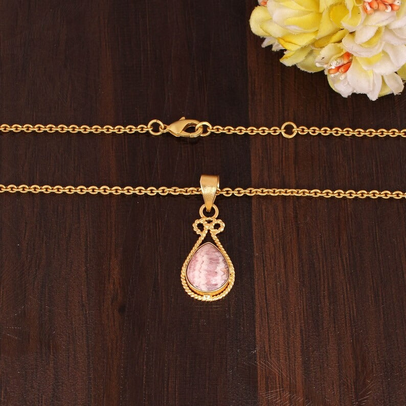 Natural Rhodochrosite Gemstone Brass Necklace