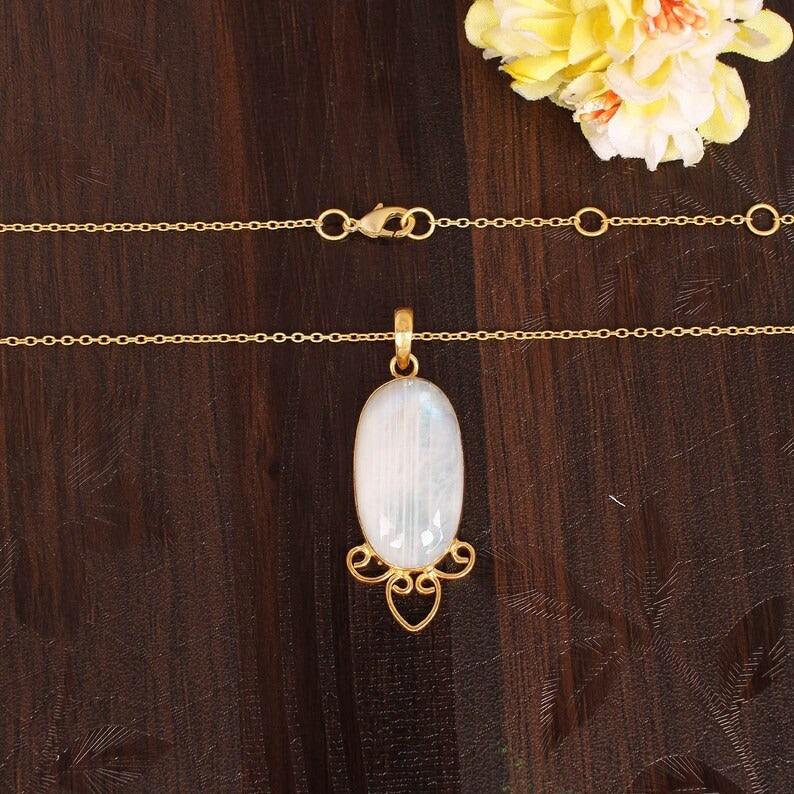 Natural Rainbow Moonstone Gemstone Brass Necklace