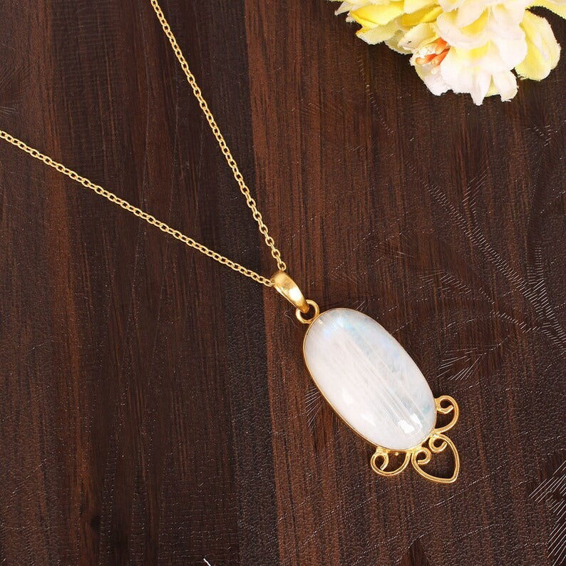 Natural Rainbow Moonstone Gemstone Brass Necklace