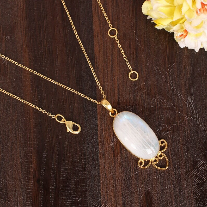 Natural Rainbow Moonstone Gemstone Brass Necklace