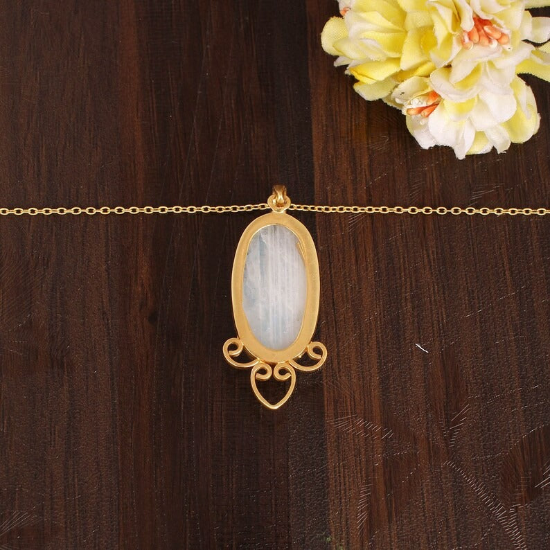 Natural Rainbow Moonstone Gemstone Brass Necklace