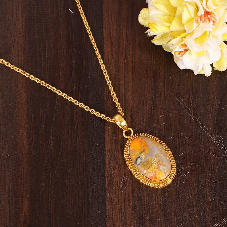 Bumble Bee Jasper Oval Shape Gemstone Brass Necklace